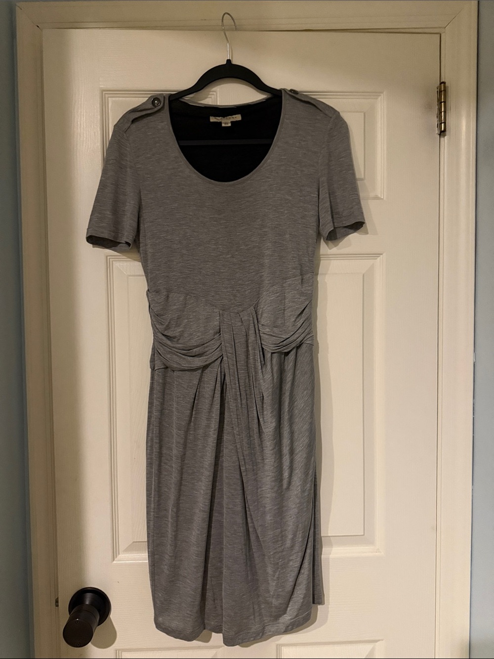 Burberry Gray Short Sleeve Midi Dress Gathered Waist quite luxury sophisticated
